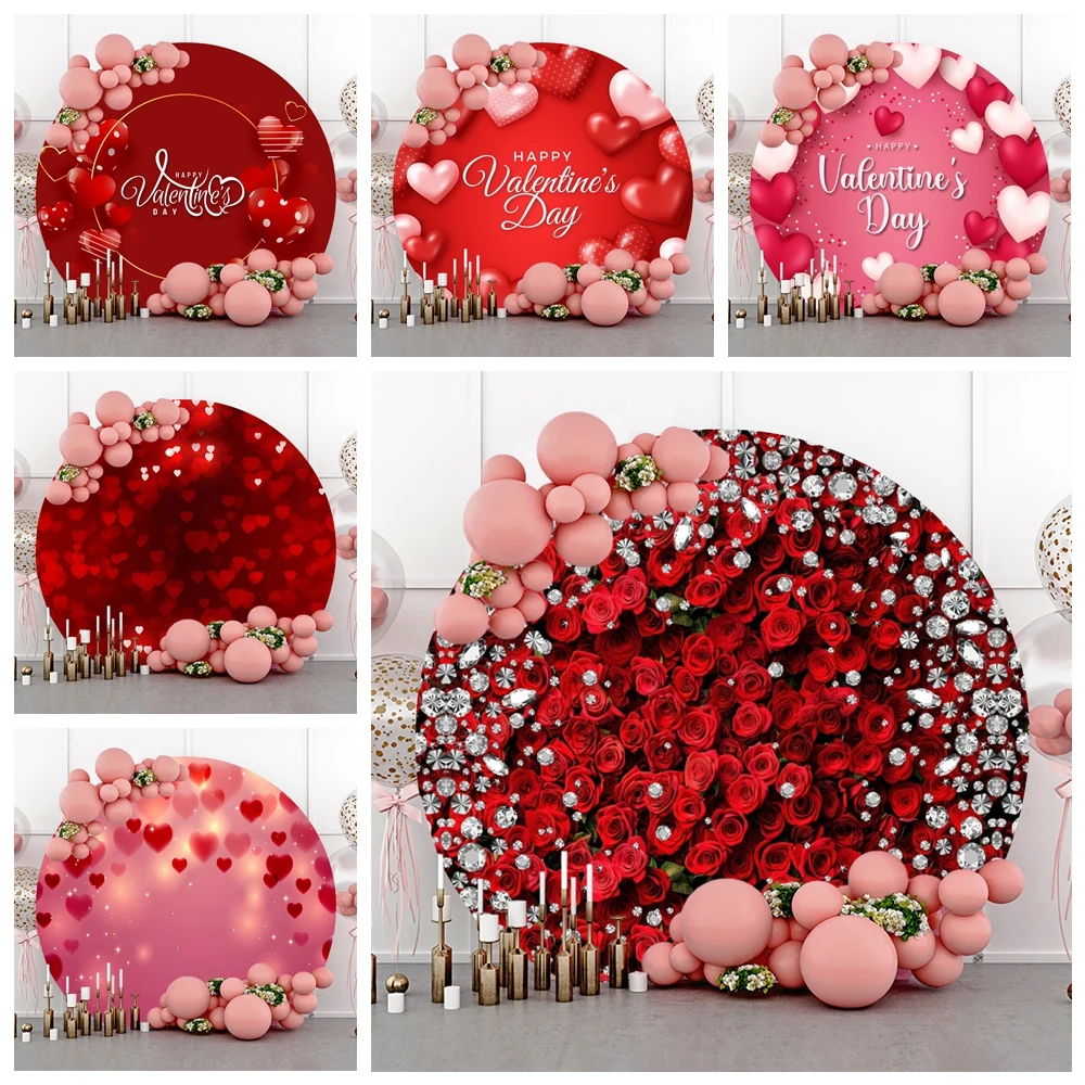 Valentine\'s Day Round Backdrop Cover Red Rose Flower Love Heart Floral Kids Adult Birthday Wedding Party Decor Background Studio