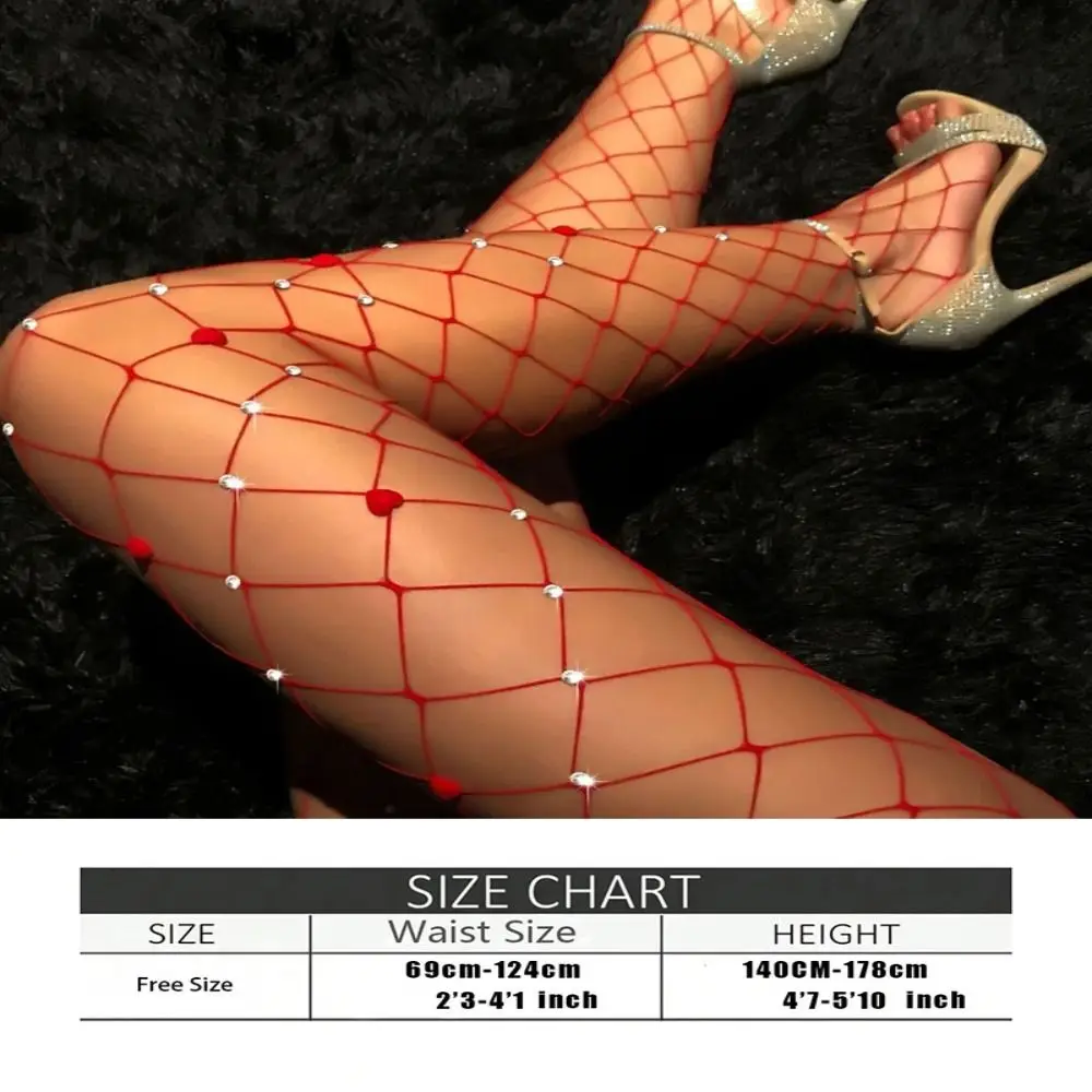 Hollow Out Rhinestone Pantyhose Thin Larger Mesh Glitter Tights Sparkling Diamond Heart Patterned Fishnet Stockings Dance Events