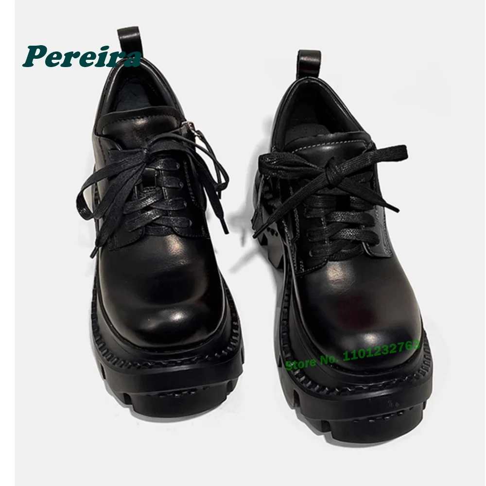 Thick Soled Retro Pumps Genuine Leather Round Toe Lace Up Shallow Women's Pumps Drak Black Gothic 2024 Newest Casual Shoes Sexy