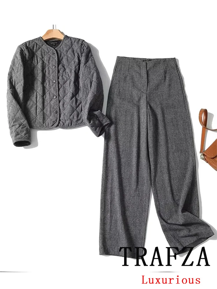 

TRAFZA Vintage Casual Chic Women Suit Gray Solid O-Neck Single Breasted Jackets Loose Long Pants New Fashion 2025 Winter Sets
