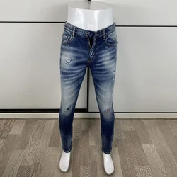Pantalones vaqueros rasgados elásticos para Hombre, Jeans Retro lavados de color azul, diseño parcheado, marca Hip Hop, moda urbana