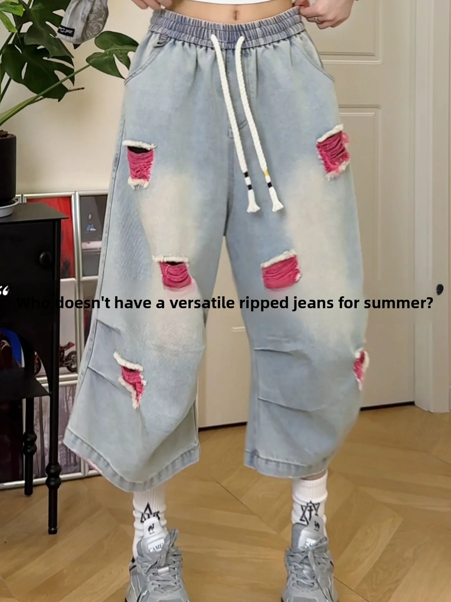 Retro American Hole Punch Color Block Seven-Foot Jeans Casual Men's Fashionable Summer New Style Loose Fit Youth Denim Shorts