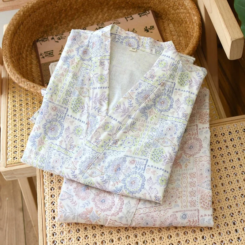 

Женское кимоно из чистого хлопка, японский стиль, художественный цветочный геометрический принт, тонкое дышащее домашнее платье для дома