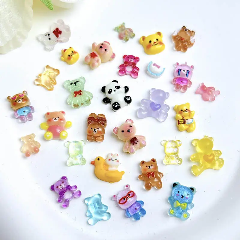 다양한 스타일 만화 곰 네일 아트 장식, 귀여운 컬러 타이, 버터 베어 송진 네일 참, DIY 전화 케이스, 네일 용품