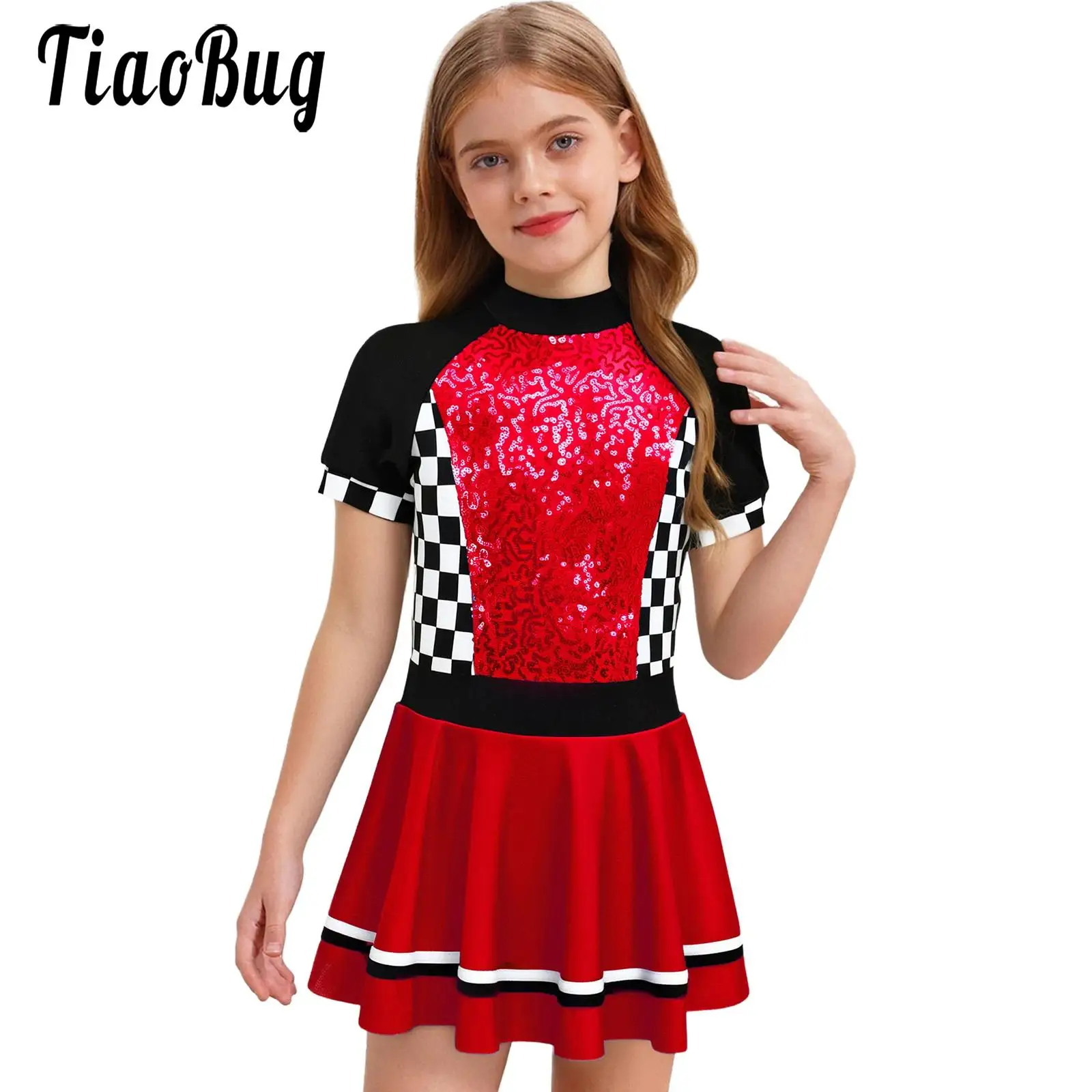 Girls Racing Driver Dance Fancy Dress Up Costume Checkerboard Sequins Tutu Dress Racing Driver Party Cheer Halloween Costumes