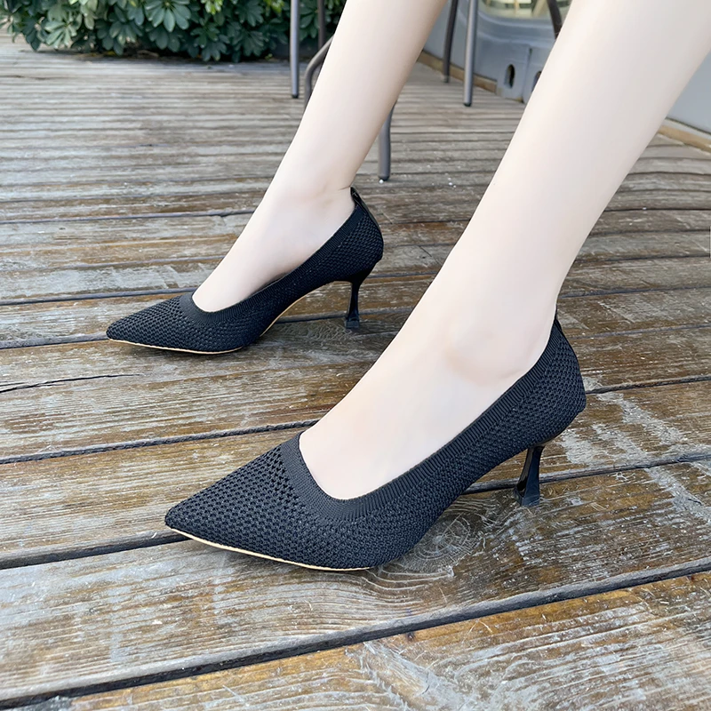 Sharp pointed women's shoes 2025 new fabric breathable high heels shallow mouth mesh cat heel fashionable casual women's shoes