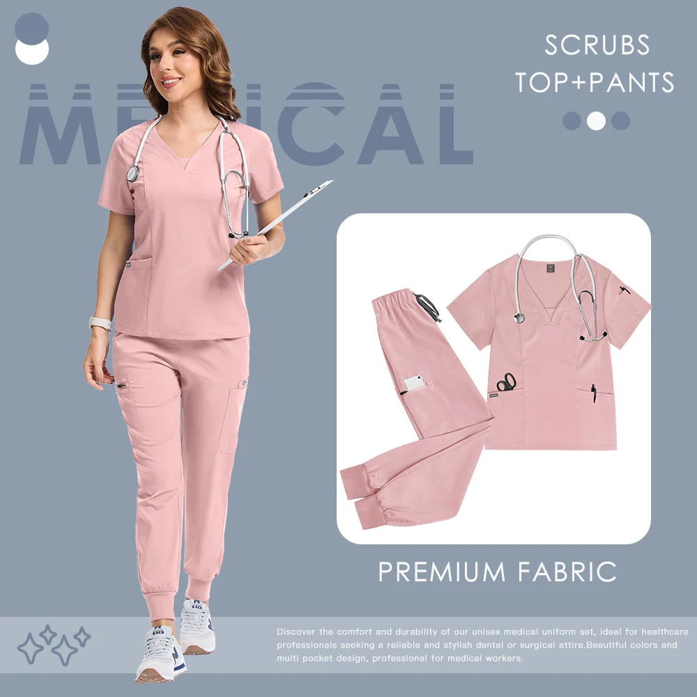 غرفة العمليات ملابس العمل الدعك الطبية التمريض موحدة النساء فرك مجموعة ممرضة جيب أعلى + السراويل دعوى صالون تجميل مختبر عمال