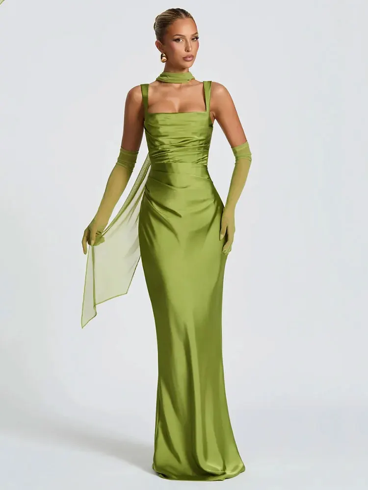 GACVGA Satin dos nu Sexy robe Maxi femmes élégant licou épaules dénudées sans manches dos à lacets moulante Club fête longues robes