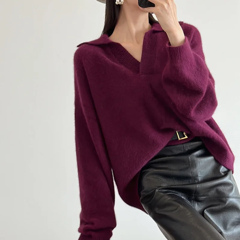 Birdtree,30.2% Sheep Wool Knitted Polo Neck Sweater,Woman Lapel Full Sleeve Solid Knitwear,2025 Autumn Loose Pullover T59926JF
