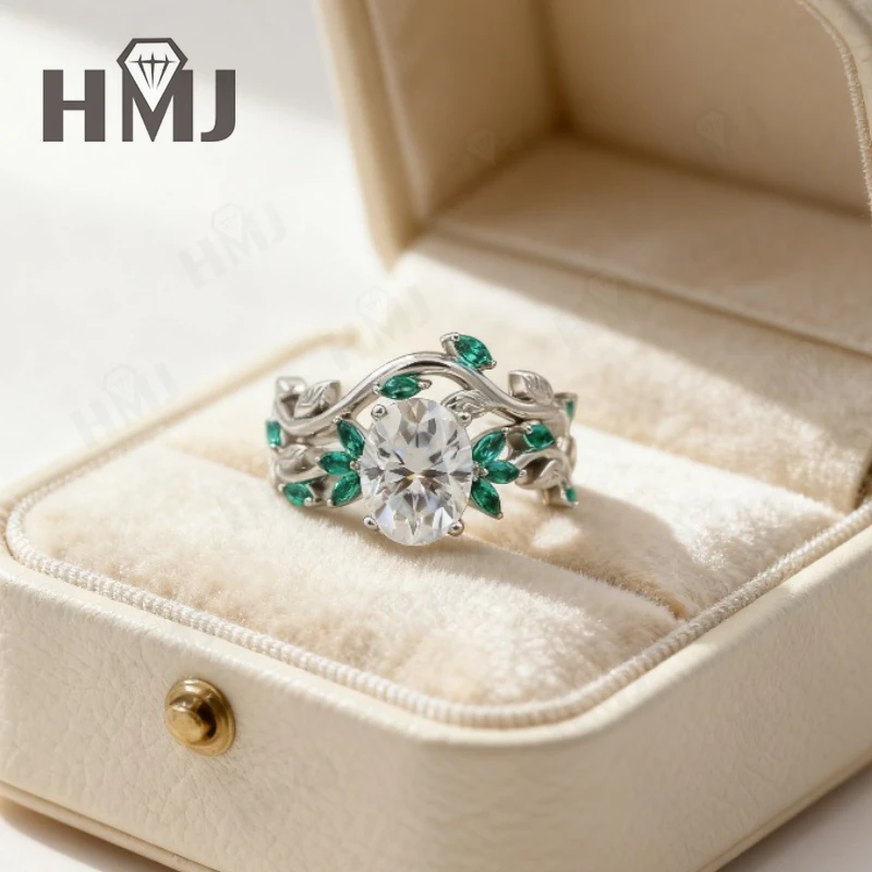 

Stackable Ring Oval Shape Moissanite Diamond 925 Sterling Silver Tree Branch Emerald Crystal Gifts Charm Unique Artistic Stylish