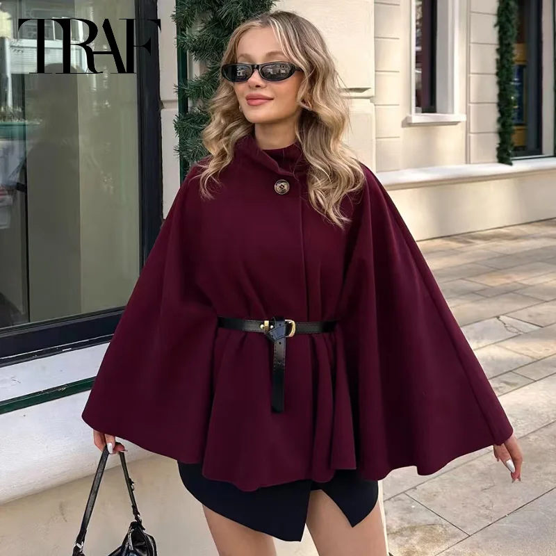 TRAF 2025 Women's Jacket Cloak Tweed Jacket Women Wool & Blends Coats Bat Long Sleeve Coats Burgundy Brown Black Cape Outerwears