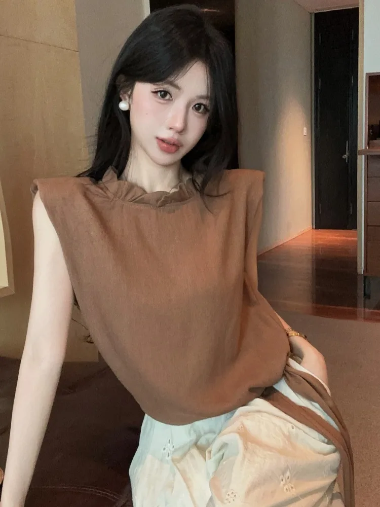 Elegant Loose Sleeveless Shirt with Ruffle Collar And Bell Ties in Korean Style for Women Breathable Summer Fashion Top