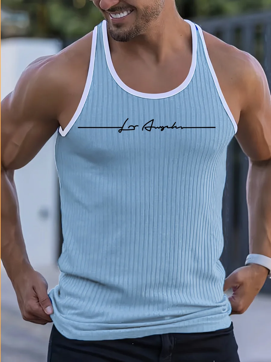 Men's New Fitness and Sports Sleeveless Printed T-Shirt, Men's Summer Knitted Vertical Stripe Casual Slim Fit Sports Vest
