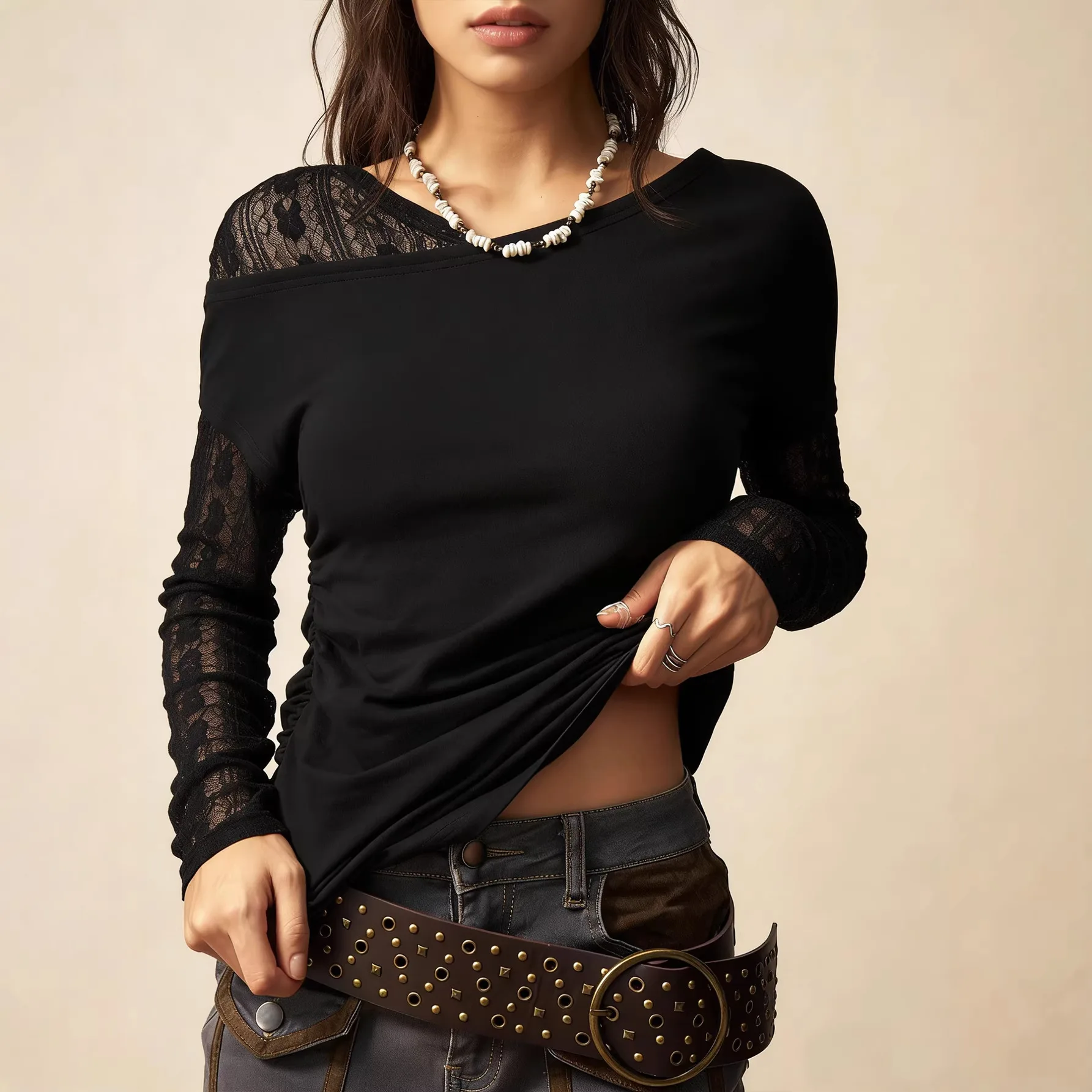 

2026 Spring and Autumn New Slant Neck Off-Shoulder T-Shirt Women's Lace Splicing Long Sleeve Slim Top