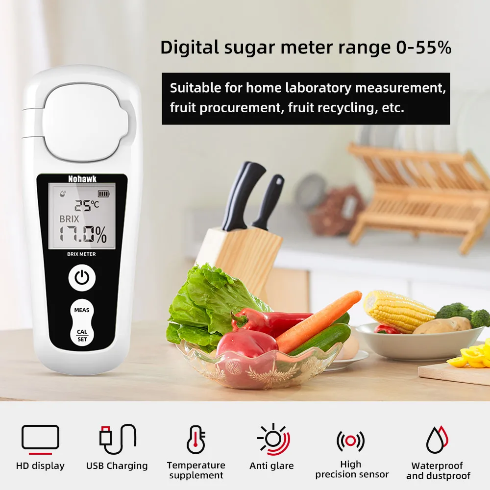 New Digital Brix Refractometer Brix Meter with Temperature Compensation 0-55%Brix Tester for Fruit Drinks and Sugar Content Test