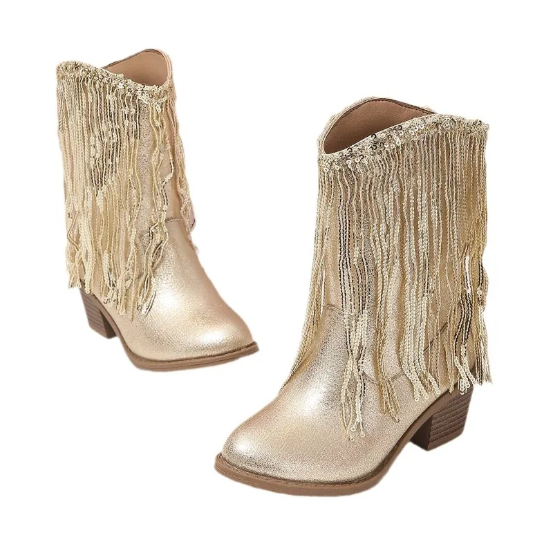 New European and American Fashion 2024 Children's Women's Western Cowboy Gold Boots Autumn/Winter Casual Tassel Boots