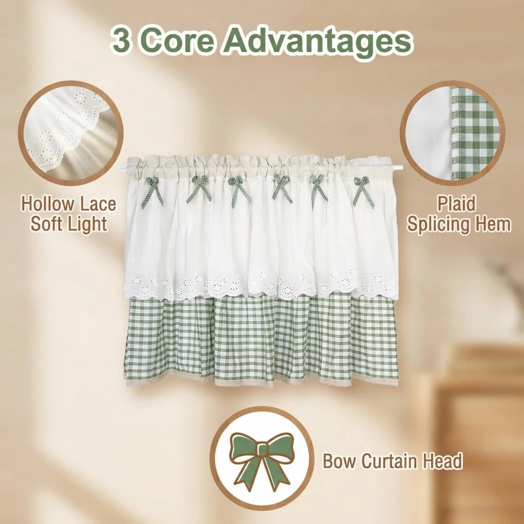 American Japanese short curtain short curtain small fresh green plaid cotton and linen door curtain rod shading kitchen curtain
