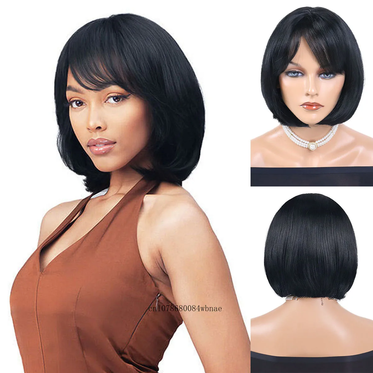 

Fashion Short Bob Hairstyle Synthetic Hair Silky Straight Wig with Bangs Natural Black Women Wigs Heat Resistant Fiber for Daily