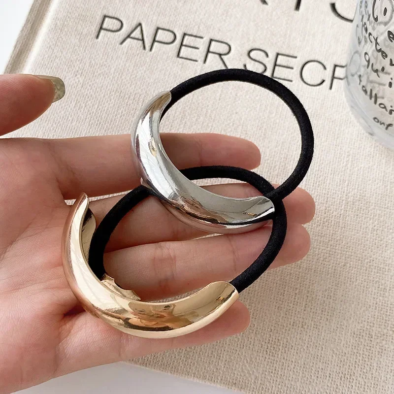 Ladies Gold Sliver Hair Bands Ponytail Rings Cover Cuff Wrap Holder High Elastic Rope Band Gift Geometric Round Hollow Hair Rope