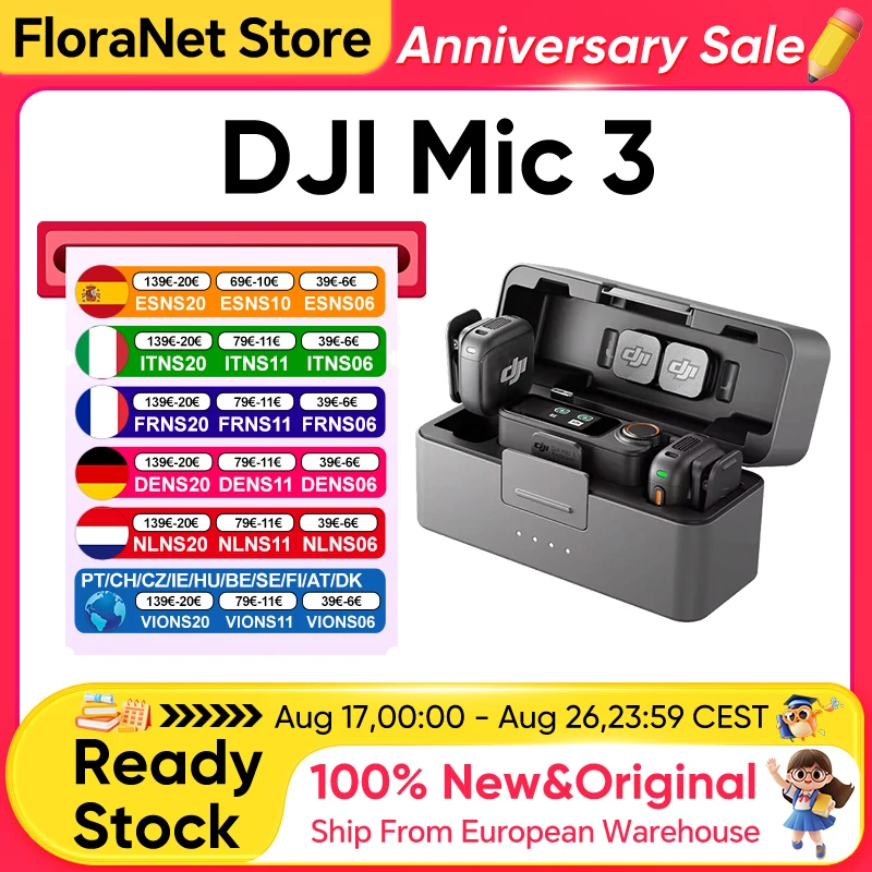 Original DJI Mic 3 Funkmikrofon mit Dualband, Anti-Interferenz-Funktion, automatischer Verstärkungsregelung, 28 Stunden Akkulaufzeit und Schnellladefunktion.