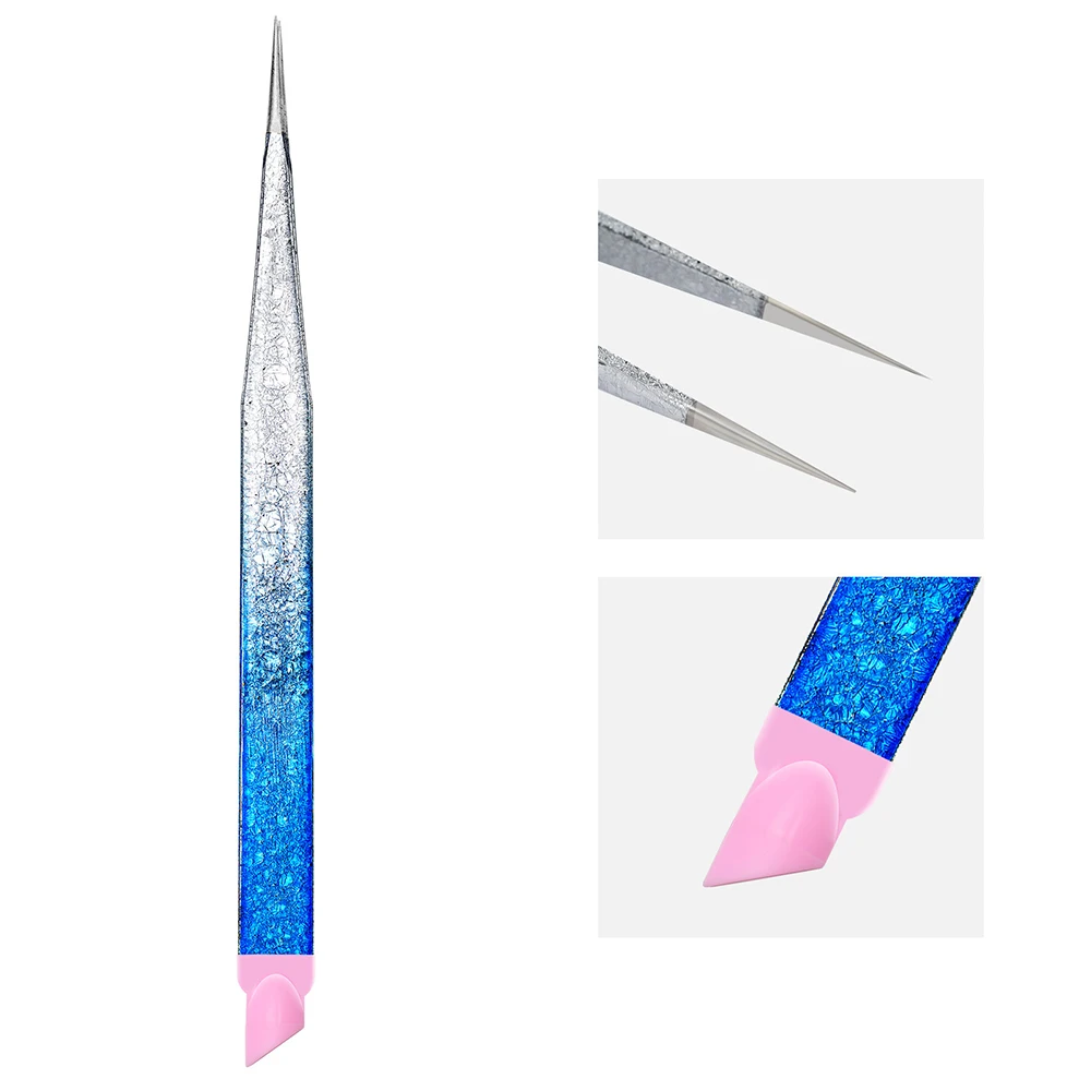 Double Ended Nail Art Pincet Roestvrijstalen Rechte Gebogen Tip Pincet Met Siliconen Drukkop Nagel Ambachten Picker Gereedschap