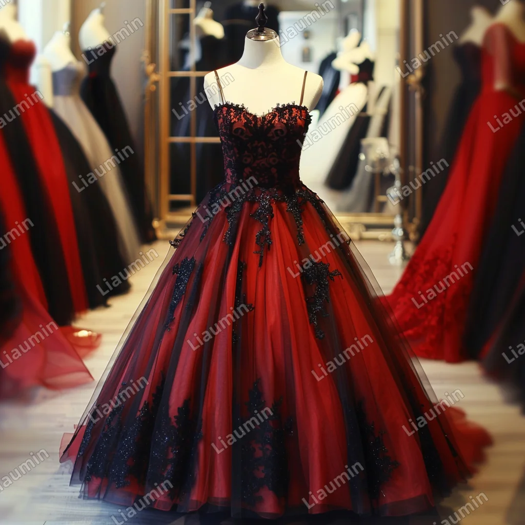 

Classic Red Tulle And Black Lace Applique Beading Spaghetti Strap Evening Prom Dress Princess Formal Occasion Custom Made J4-1.4