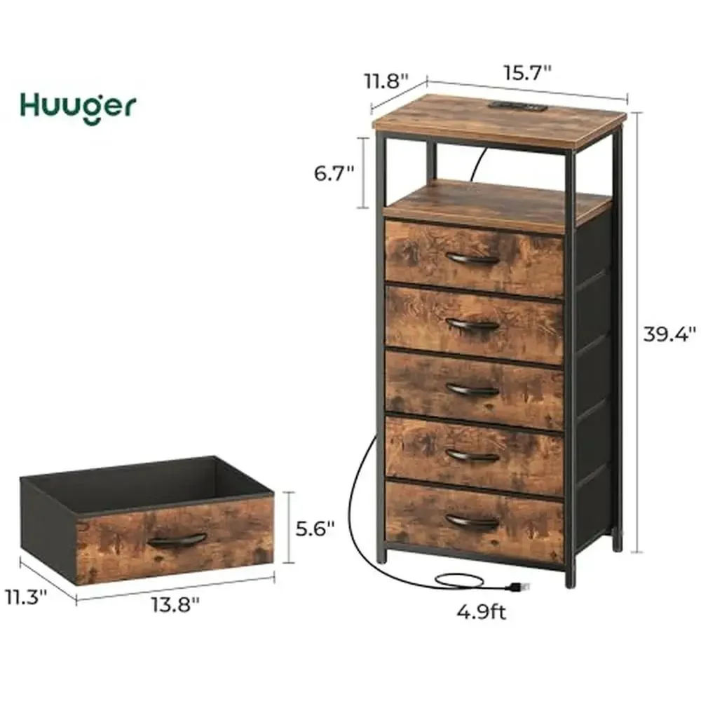 5 Drawer Fabric Dresser Charging Station Bedroom Tall Nightstand Open Shelf Night Stand Chest Organize Toys Essentials Entryway