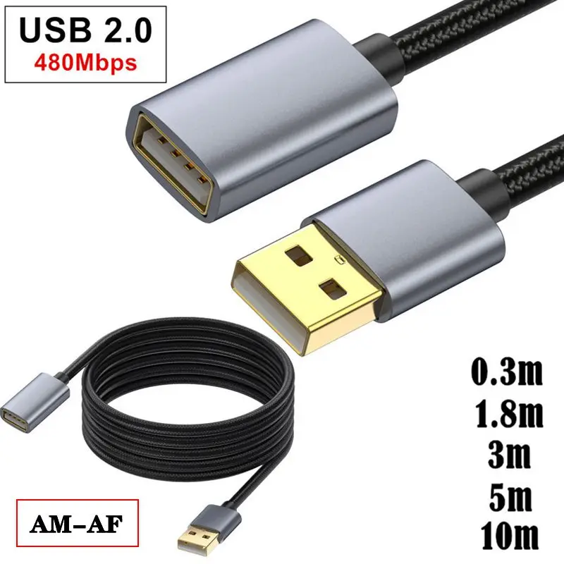 High Speed USB 2.0 Version A Male to A Female Copper Pin Gold-Plated Connector Metal Shell USB Extension Data Charging Cable