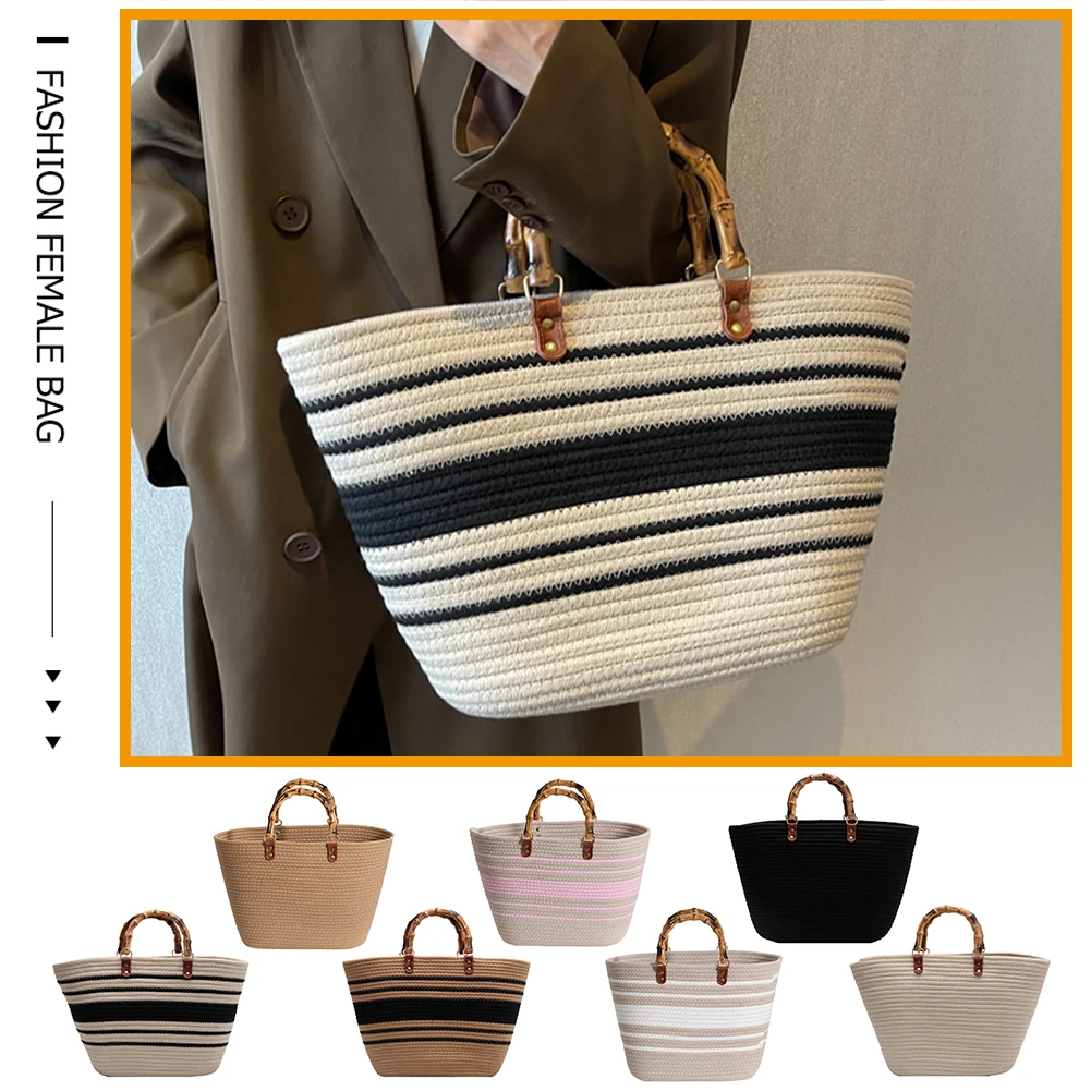 Ladies Woven Tote Bamboo Handle Holiday Hand Bag Large Capacity Striped Portable Casual Fashion Exquisite for Seaside Party