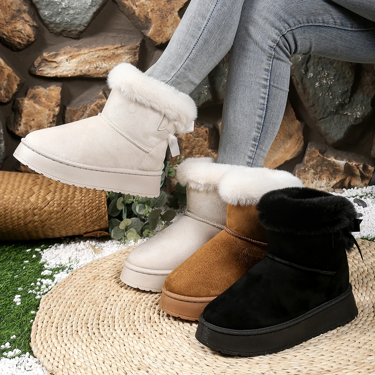 

Women Ankle Boots Autumn Winter Thick Bottom Snow Boots Women Butterfly Knot Fur Warm Short Boots Comfortable Luxury Women Shoes