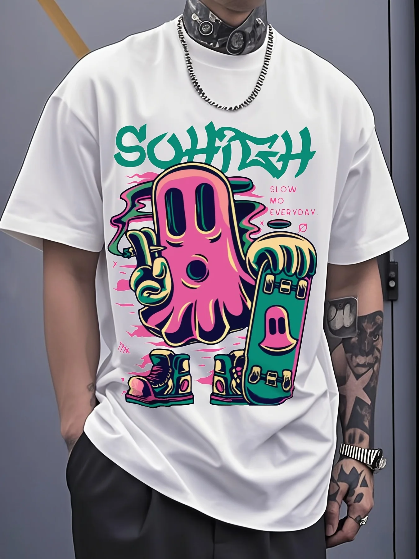 

Красочный принт спереди с рисунком монстра, мужская футболка, уличная одежда с короткими рукавами