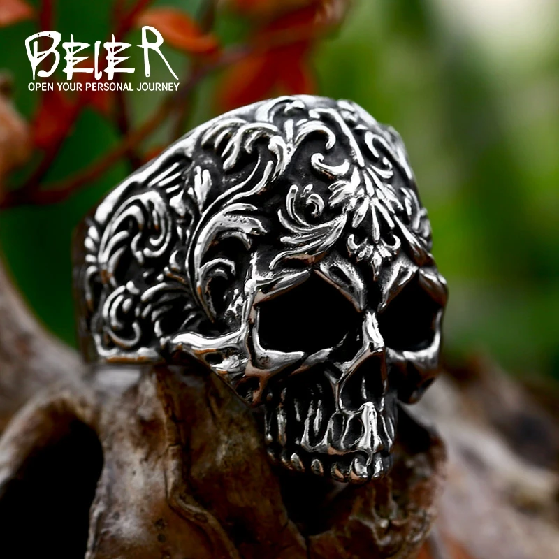 BEIER Stainless Steel Man\'s Punk Style Jewelry Wholesale Classic Garden Flower Skull Ring For Man BR8-1174