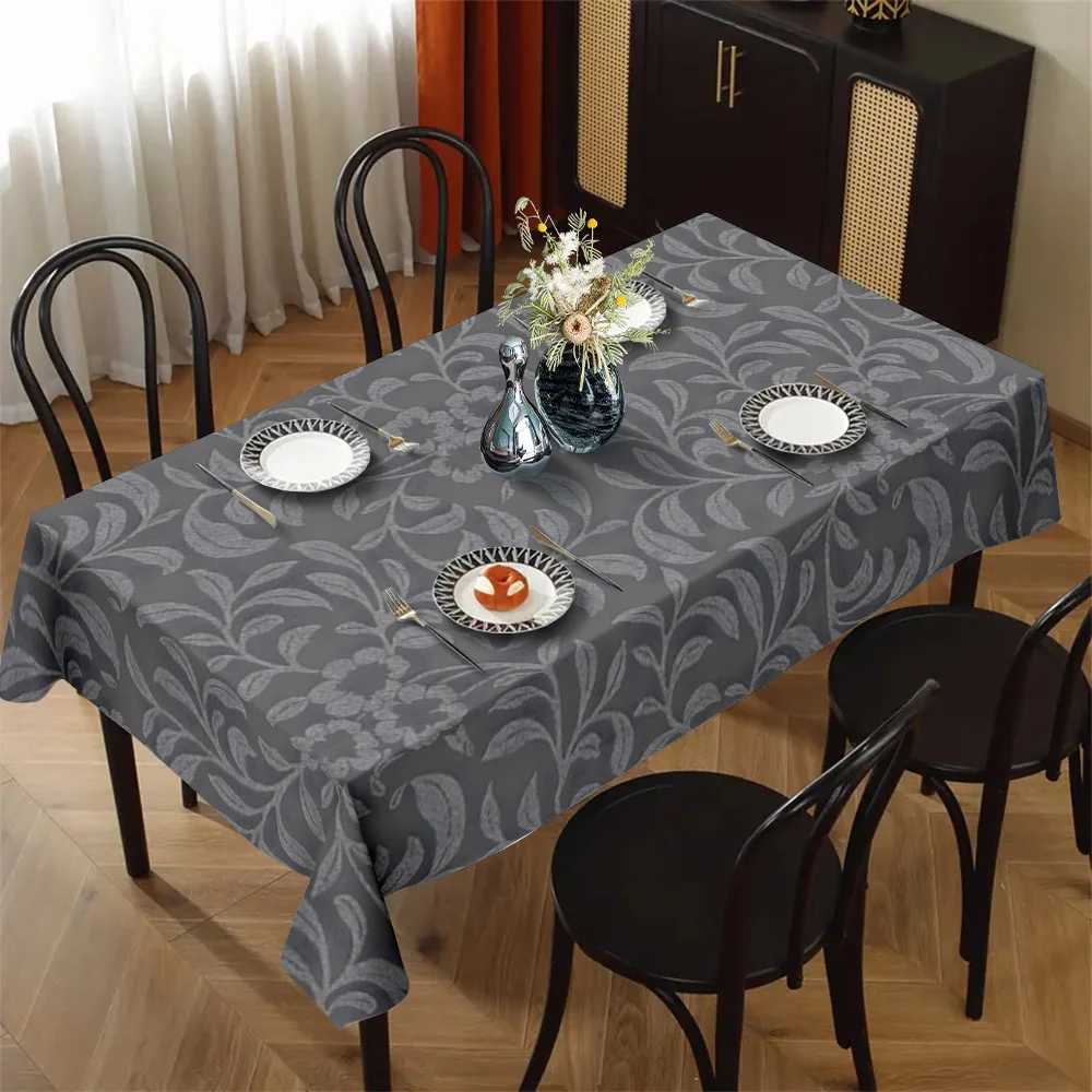 1pc Retro Gray Floral Leaf Pattern Rectangular Polyester Tablecloth, Fashionable and Elegant.PMJ