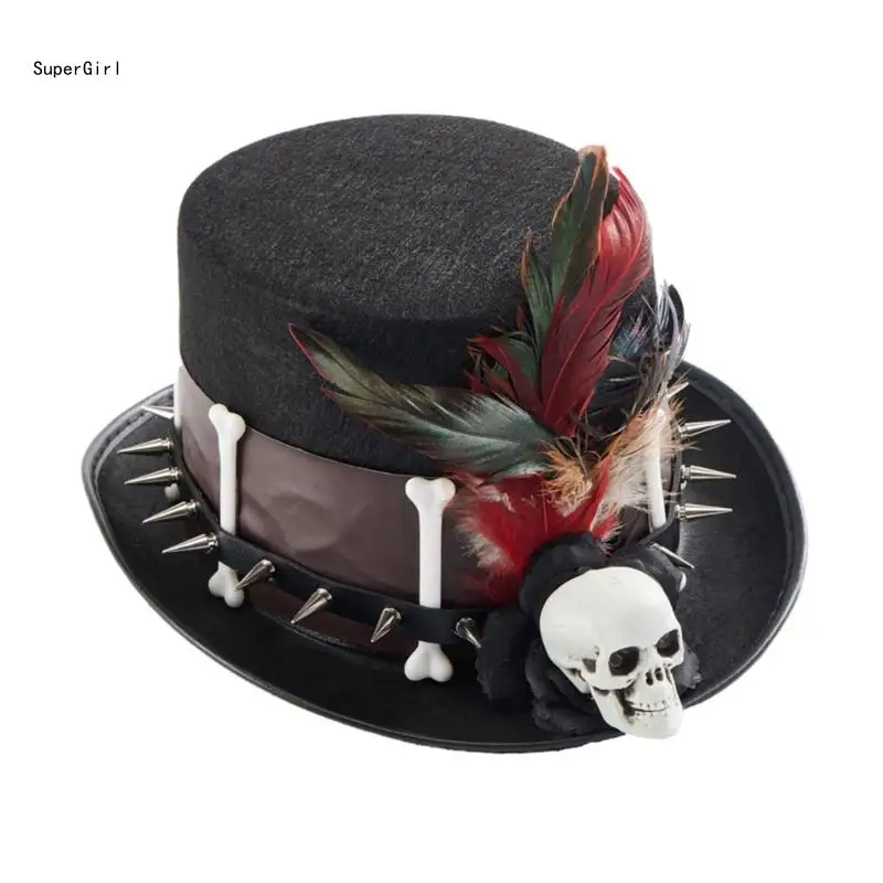 Carnivals Medieval Hat Steampunk Flat Top Hat with Skull&Rivet Feathered Flat Top Hat for Halloween Carnivals Party J78E