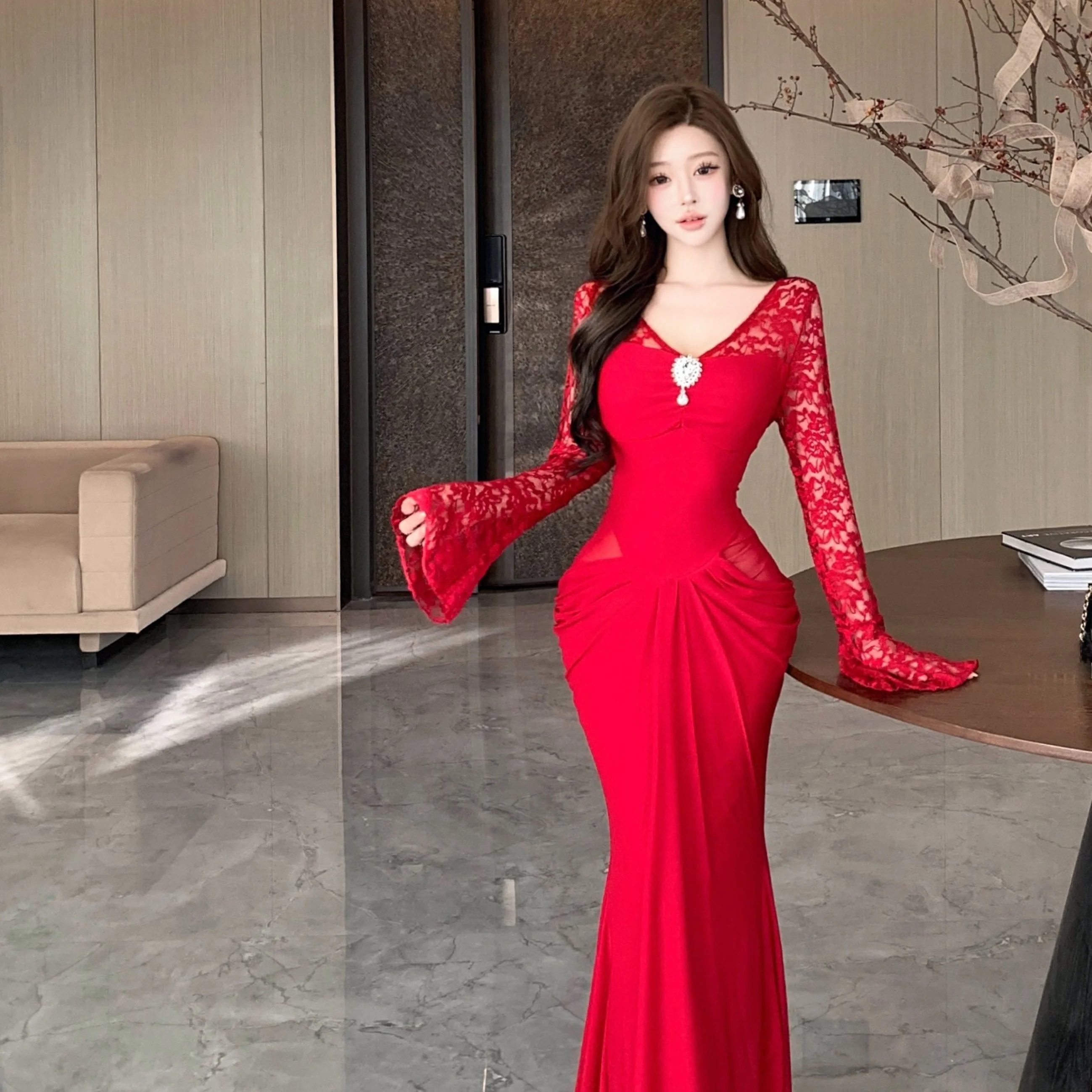 Ele High Waist Lace Wrap Dr Slim Fit V Ne Red Sexy  Dr Autumn Winter Inner Wear Dr Ladies Faion Dr