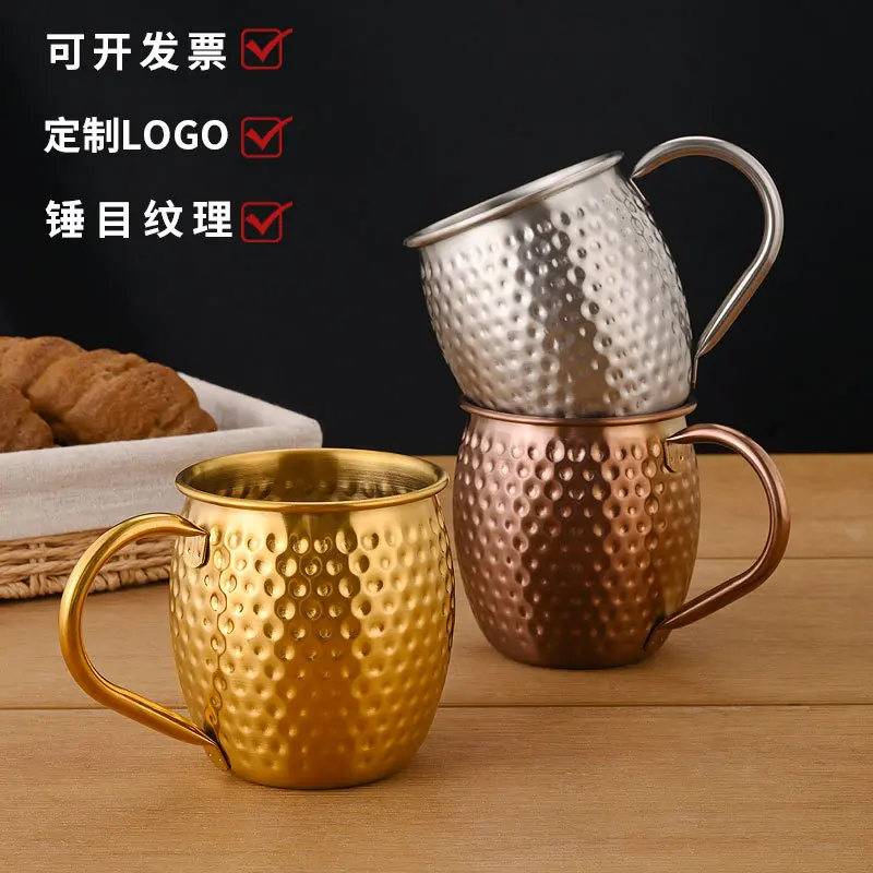 304 Stainless Steel Drum Shape Hammered Mug with Handle Creative Coffee Cup Hammer Texture Beer Cup Mule Cold Drink