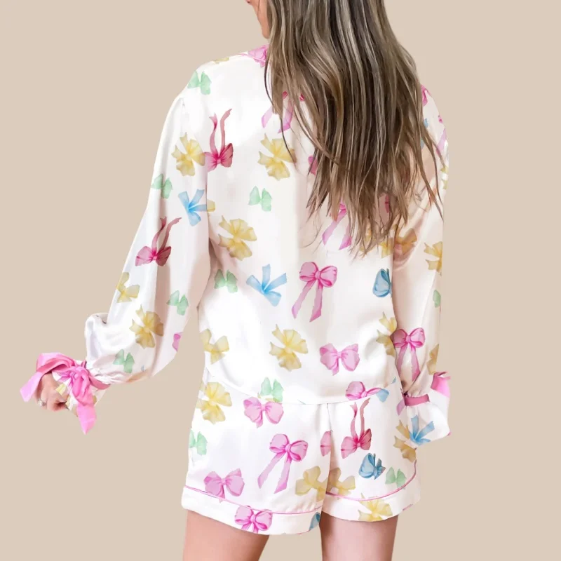 Women's Spring Summer 2 Piece Lounge Set Long Sleeve Lapel Bow Print Button Up Tops Shorts Sleepwear Sets