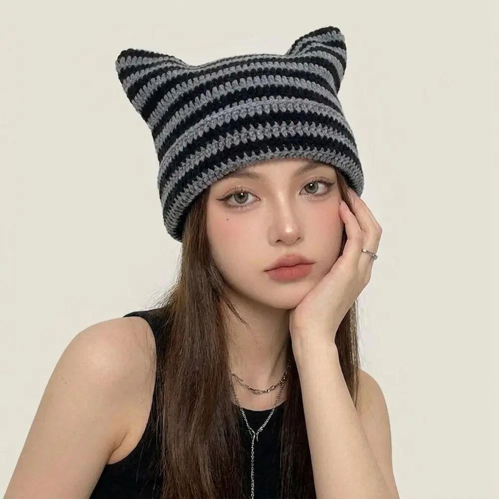Fashion Y2K Cat Ears Beanie Hats Cute Warm Little Devil Cap Ear Protection Harajuku Pullover Hat Outdoor