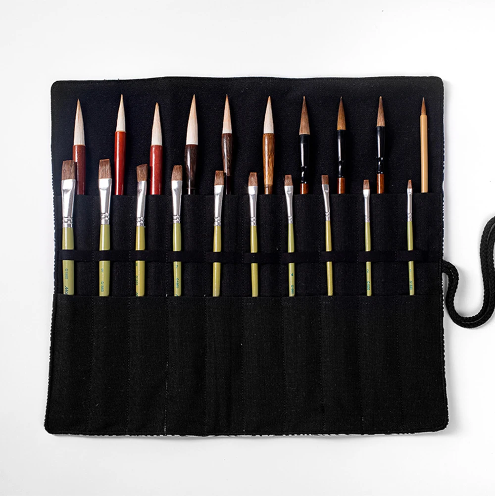 

1PC 20 Slots Oil Painting Pencil Bag Large Capacity Ink Brush Bag Double-layer Gouache Pen Pouch Black Canvas Drawing Brush