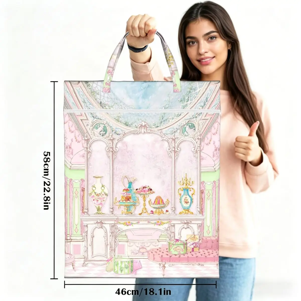 French Patisserie Marie Antoinette Pink Cake Shop Diorama Travel Laundry Bag Reusable Dirty Clothes Pouch Gym Washing Basket