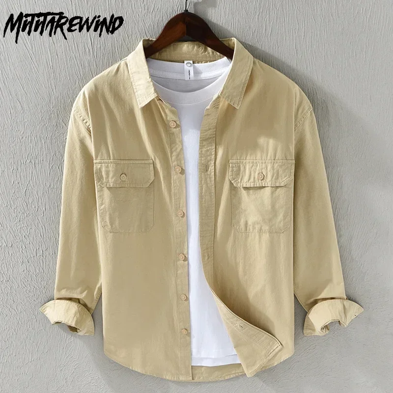 

Мужская рубашка в японском стиле, с длинным рукавом, весенне-осенняя, из чистого хлопка, повседневная, с двумя карманами, оранжевая, модная мужская одежда