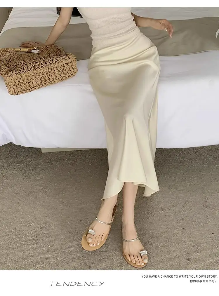 Azijn Satijn Fishtail Rok Vrouw Koreaanse Mode Elastische Hoge Taille Rokken voor Vrouwen Lente/Zomer 2024 Nieuwe Chic Dame rokken