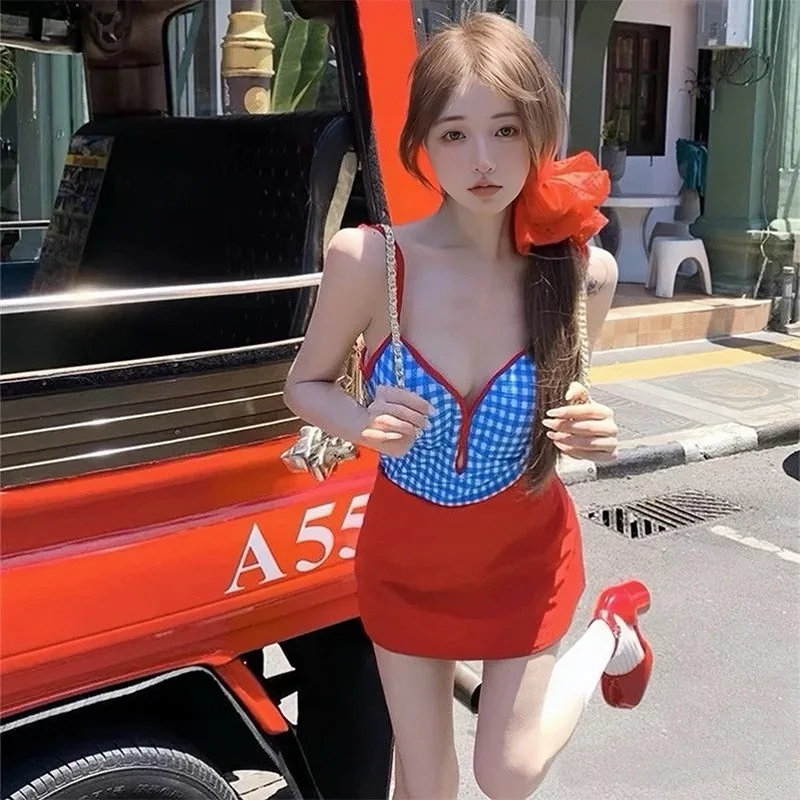 Retro Plaid Swimsuit Women's Suspender One-piece Two-piece Set Slim and Thin Backless Sweet Hot Spring Swimsuit