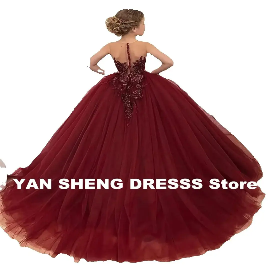 T ulleดอกไม้สาวชุดลูกไม้A Ppliquesยาวอย่างเป็นทางการเจ้าหญิงแต่งงานประกวดบอลชุดสําหรับเด็ก