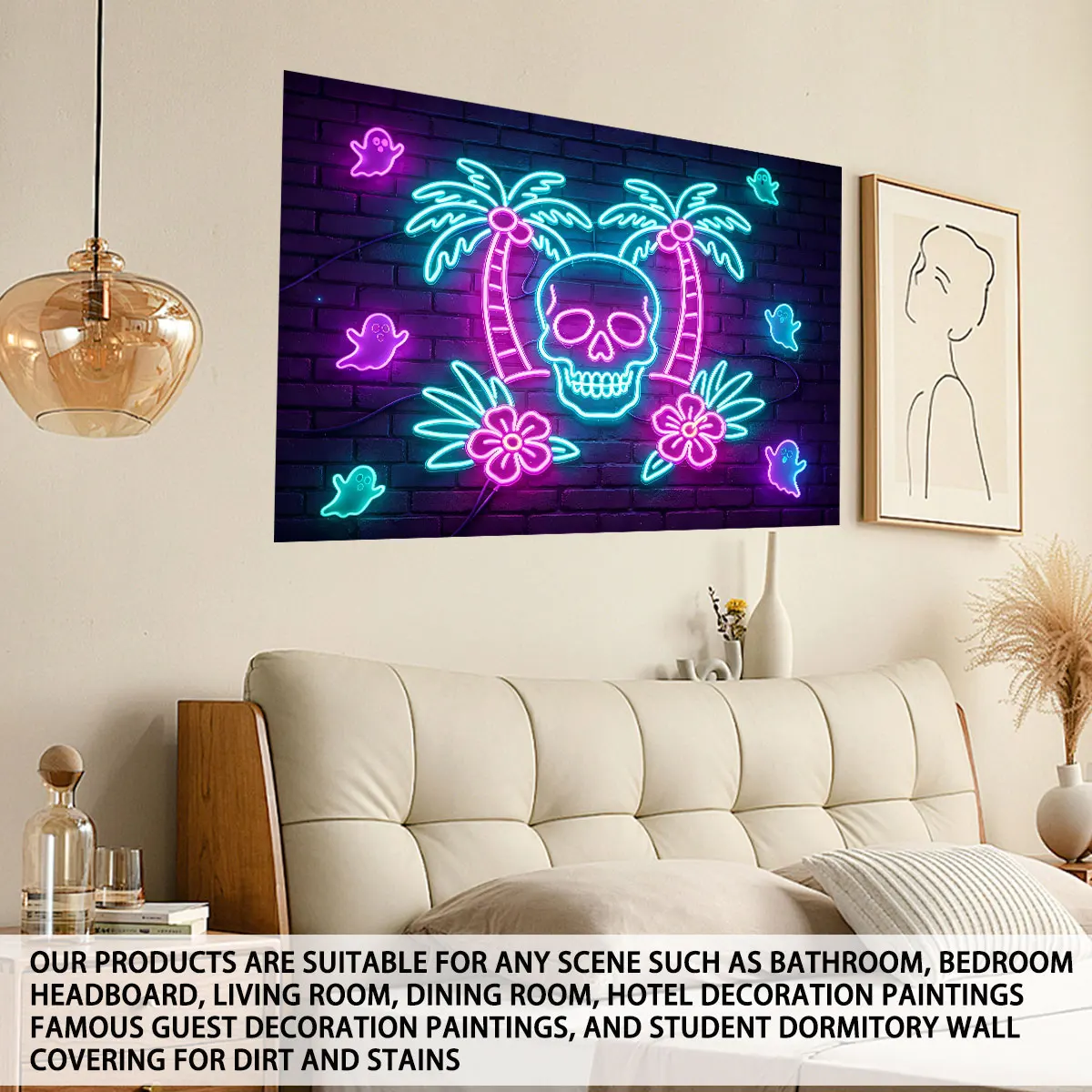 Neon Light Wall Sticker Palm Tree Skeleton Purple Glow Tropical Halloween Wall Decal Removable Peel and Stick Home Decor view 5
