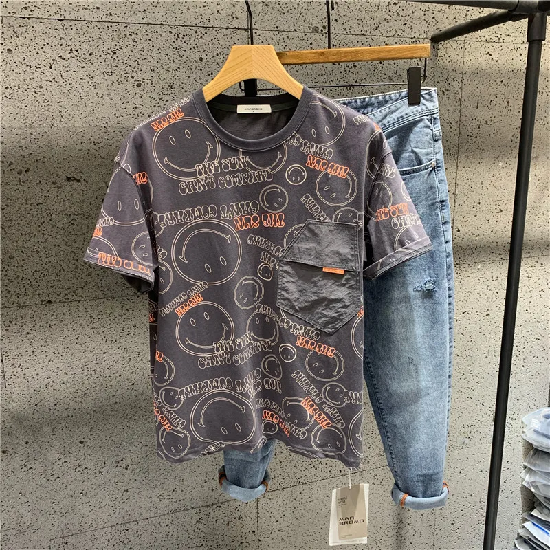 

Летняя молодежная футболка с принтом Smile Face Patchwork, мужская повседневная футболка с коротким рукавом и принтом, базовая модель