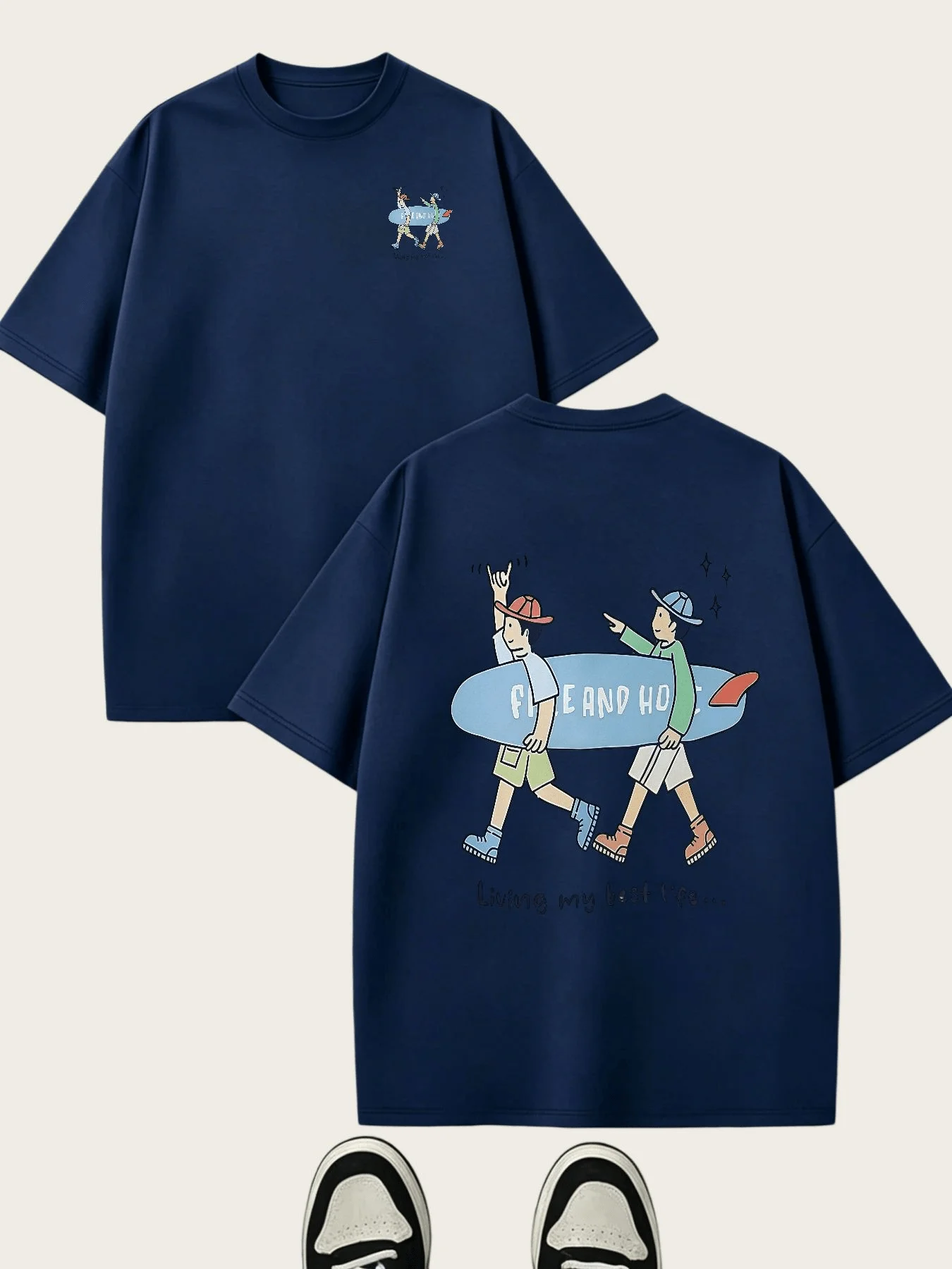 Men's Summer Fun Print Crew Neck Short Sleeve T-Shirt, Trendy Cartoon Surfing Boy Graphic Street Style Loose Fit Top