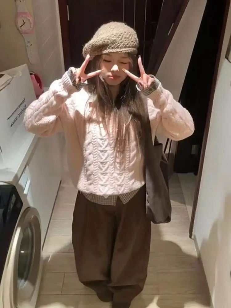 

Женский осенне-зимний комплект Faion, круглый трикотаж Long Sve Plaid irt, повседневный, удобный, ленивый, розовый цвет