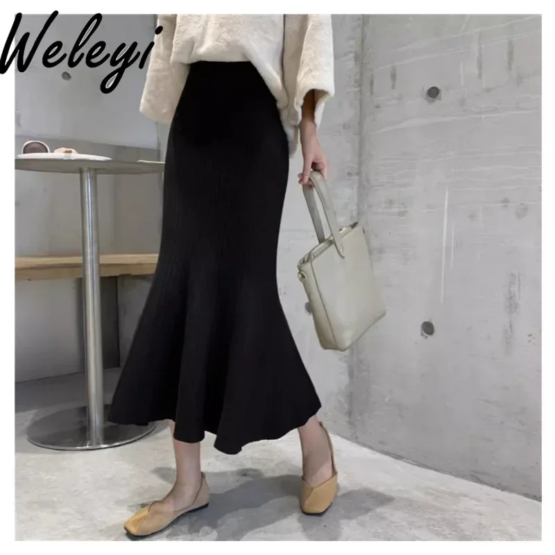 Cute Women's Knitted Fishtail Skirts Spring and Autumn Fashion High Waist Mid Length Hip Covering Hip Jupe Casual Elegant Faldas