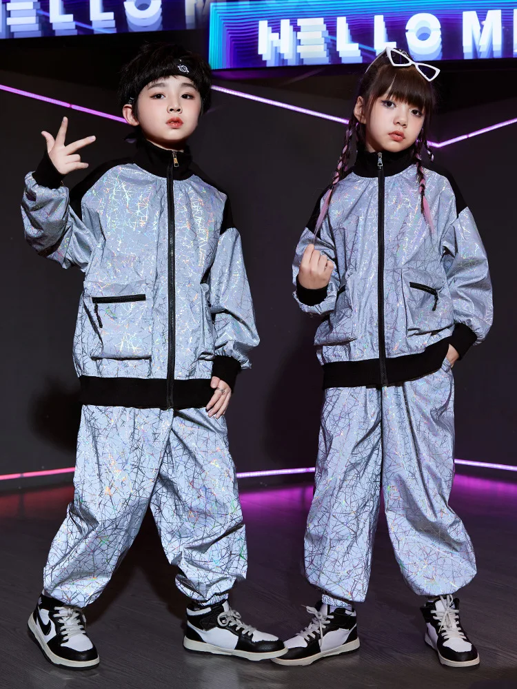 Kid Cool Hip Hop Clothing Reflective Geometry Print Jacket Top Casual Jogger Pants for Girl Boy Jazz Dance Costumes Clothes Set